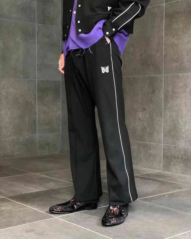Black Needles Pants 21ss Men Women Purple Stripe Embroidered