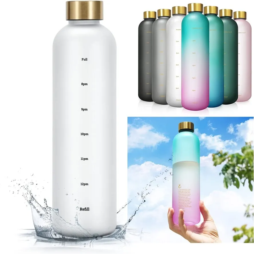 Bouteille d'eau de motivation de 32 oz avec marqueur de temps Bouteilles de sport étanches sans BPA Sports de fruits 1 litre B0627016