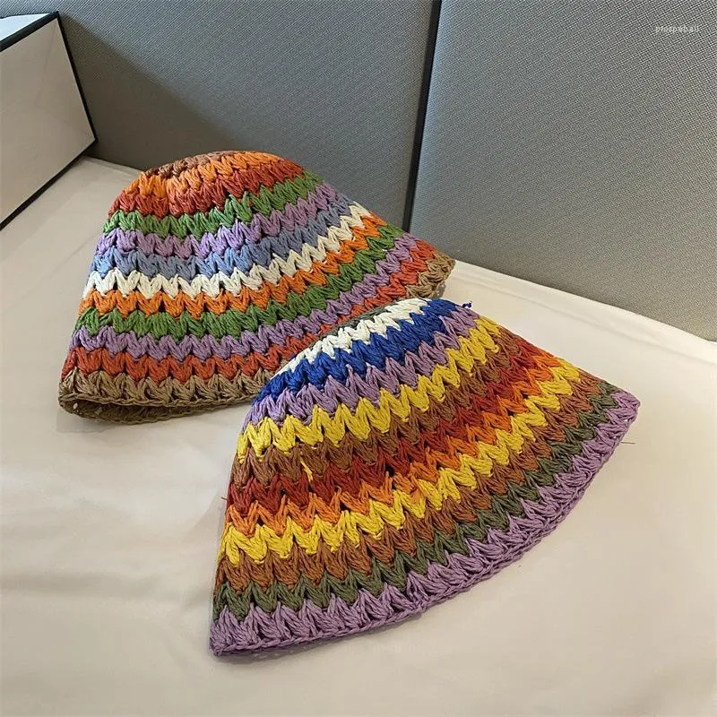 Wide Brim Hats Japan Design Multicolor Woven Straw Hat Women's Summer Hollow Fisherman Breathable Bucket Sunscreen Beach HatWide Pros22