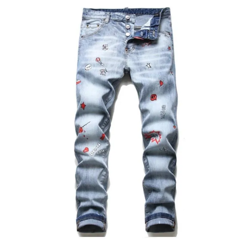 Men's Jeans Summer Men's Denim Pants Printing Trousers Micro-elastic Mid-waist Youth Casual Blue Cottonropa Hombre Pantalones HombreMen'