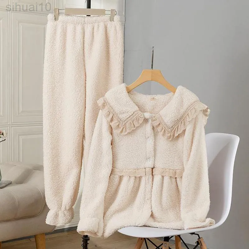 Coral Fleece Pajamas Set Women Sleepwear Nightwear Lounge Wear PJS Sleep Suit Winter Flannel Long Sleeve Lingerie Pyjamas L220803