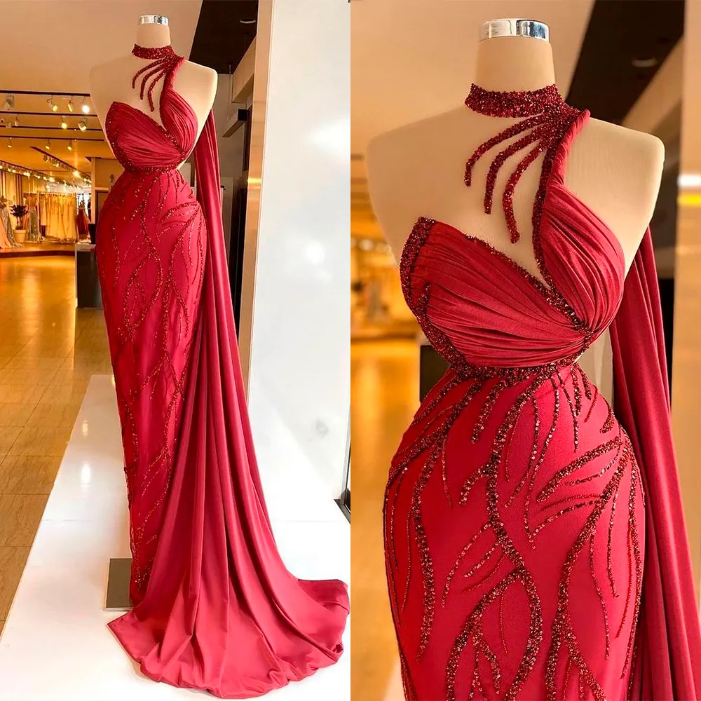 Vestidos de baile vermelho lantejoulas sexy miçangas cetim um ombro sem mangas brilho