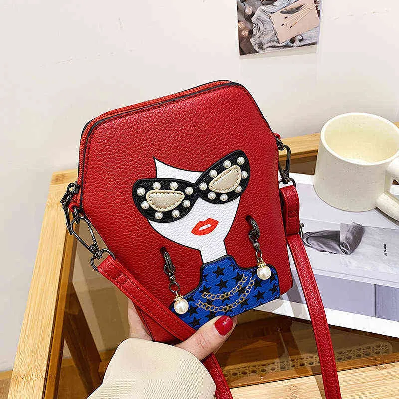 Mini Small Crossbody Purse Phone Väskor för kvinnor Fashion Cartoon Print Funny Square Ladies Shoulder Bag Red Messenger 220514