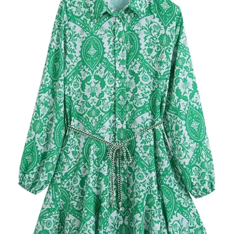ZEVITY Женское модное мини-платье-рубашка с поясом с цветочным принтом пейсли, женское шикарное повседневное платье с большим распашным подолом и складками, зеленое платье DS9353 220514