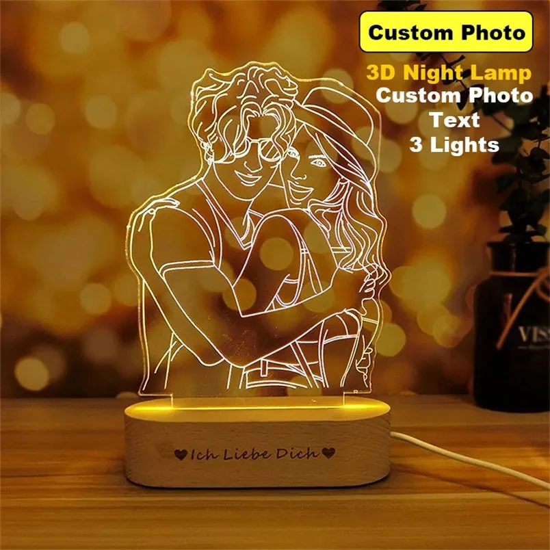 مصباح PO ثلاثي الأبعاد مخصص PictureText Night Light مع قاعدة خشبية لأمهات عيد الميلاد للآباء يوم الزفاف ، هدية يوم 220623