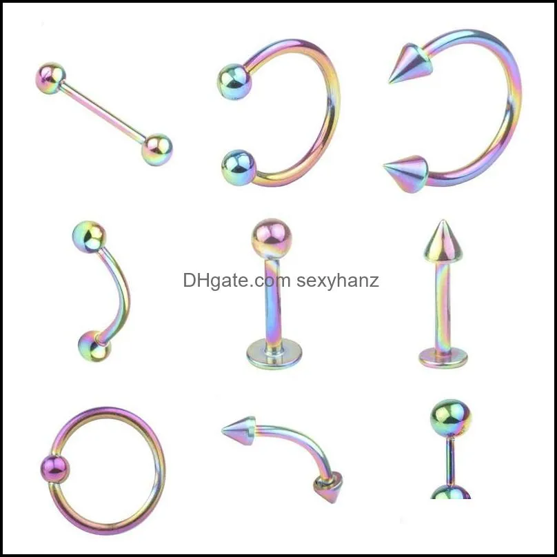 fashion body jewelry navel piercing lot stainless steel nose horseshoe lip tongue eyebrow tragus belly ring tools 9pcs/set