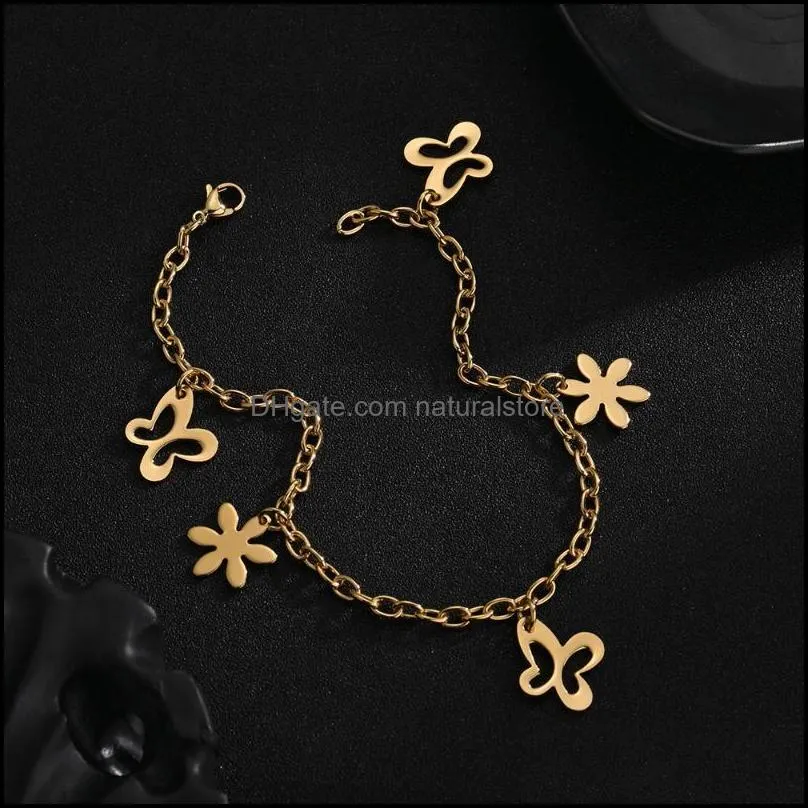 Charm Bracelets Jewelry 1Pc Gold Butterfly Charms Anklet For Women Stainless Steel Flower Summer Beach Ankle Bracelet Foot Chain Jewelrychar