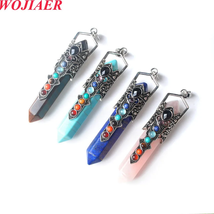 WOJIAER New 7 Chakras Vintage Men Pendant Hexagonal Point Lapis Stone For Women Jewelry BO981