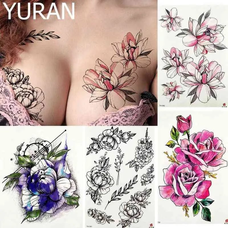 NXY Tatouage Temporaire Rose Pivoine Femmes Poitrine Grands Autocollants Corps Bras Feuilles Filles Flash Fleur De Prunier Sexy Fleur Tatoo Faux 0330