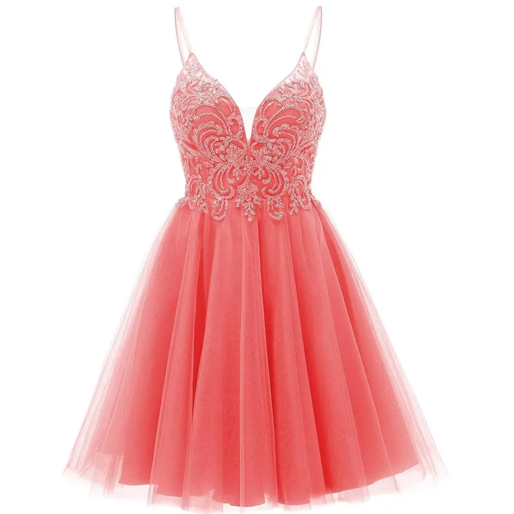 Homecoming Dresses Tulle V-Neck Spaghetti Straps Lace Short Graudation Cocktail Prom Party Gown A03