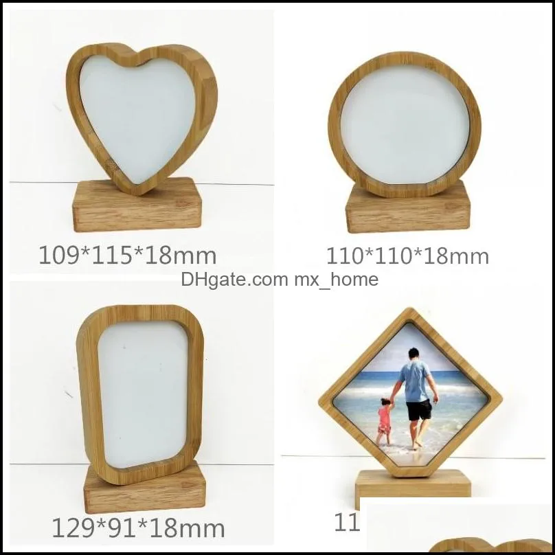 Bamboos Sublimation Blank Photo Frame With Base DIY Double Sided Wood Love Heart Round Frames Magnetism Picture Painting Decoration 13bd