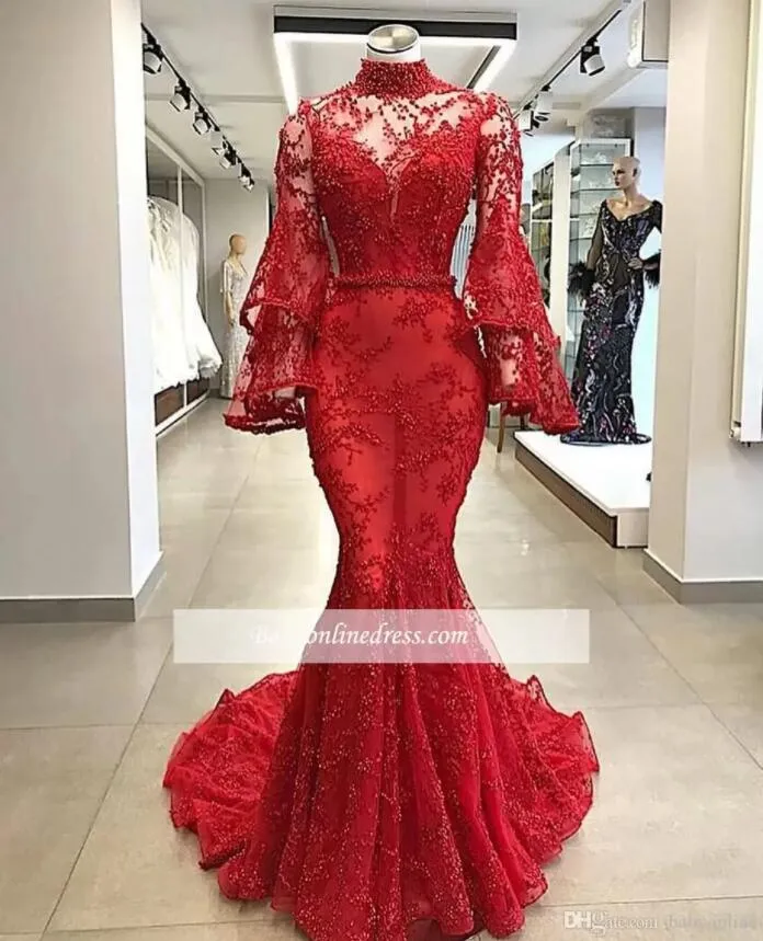 Red Lace Mermaid Evening Dresses Sexy Illusion Poet Long Sleeves High Neck Appliqued Beaded Long Party Pageant Gowns Prom Dress BES121 From Bestdeals 154.22 DHgate.Com