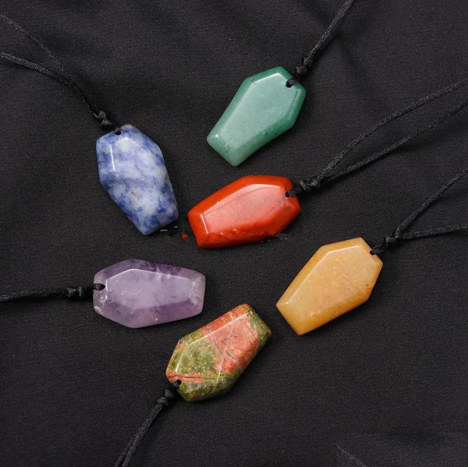 natural healing stone coffin shape crystal pendant energy obsidian rose quartz carved necklace jewelry crafts gift