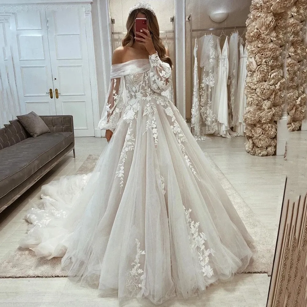 Off Shoulder Lace Wedding Dress with Long Sleeves A Line Bridal Gown for Beach Wedding 2024 Boho Princess Style