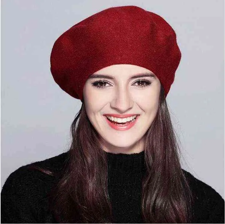 Ylwhjj Berretti da donna di marca Cappello Berretti lavorati a maglia di lana tinta unita moda con cappello da berretto da artista francese da donna J220722