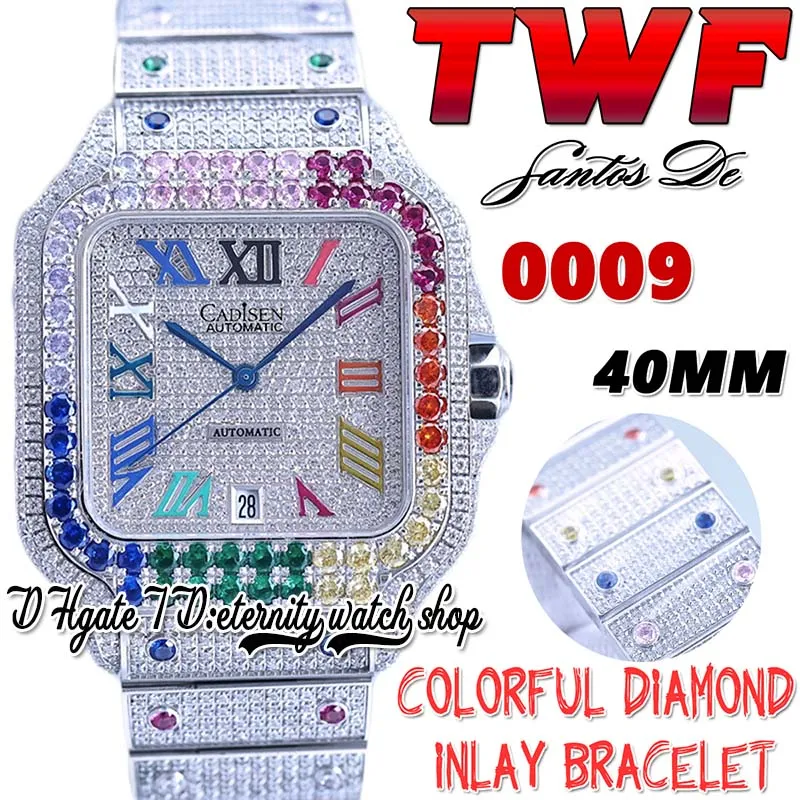 TWF TO TR0009 Japan Miyota Automatyczna męska zegarek Rainbow Big Diamond Bezel w pełni lodowany diamentowy diament wielokolorowe markery rzymskie stalowe bransoletka super wieczność zegarki