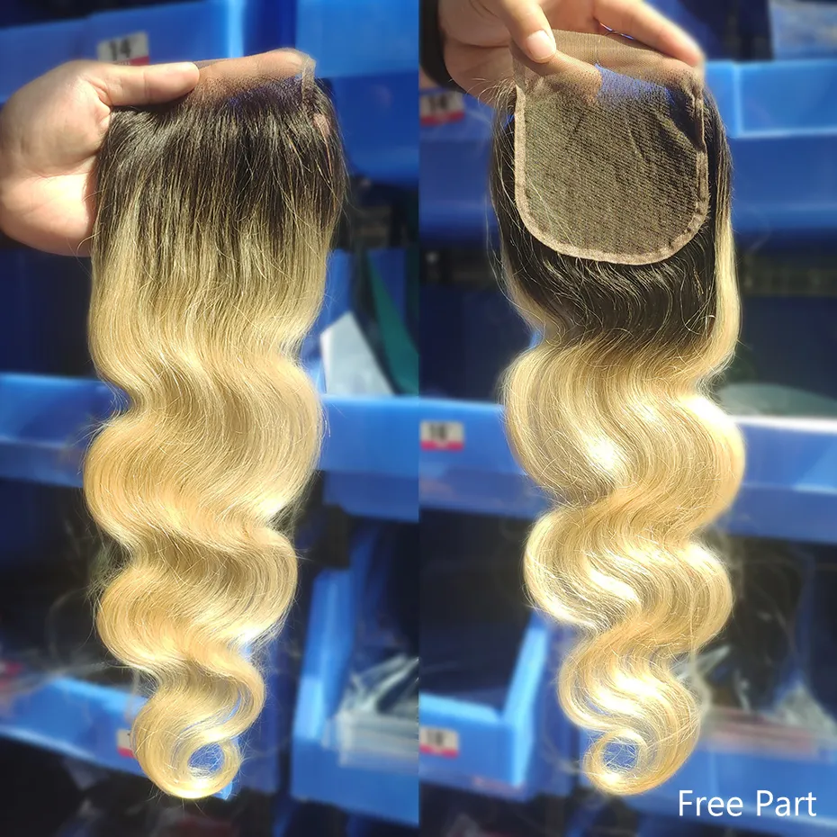 T1B/613 Lace Sluiting Braziliaanse lichaamsgolf Ombre blond 4x4 Sluiting Human Hair Dark Wortel Medium Bruin