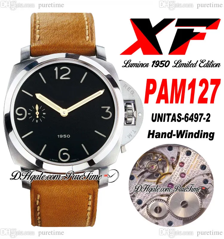 XF 127 A6497メカニカルハンド巻きメンズウォッチ47mmスチールケースブラックダイヤルBrwon Leahter Strap with White Line Super Edition Puretime