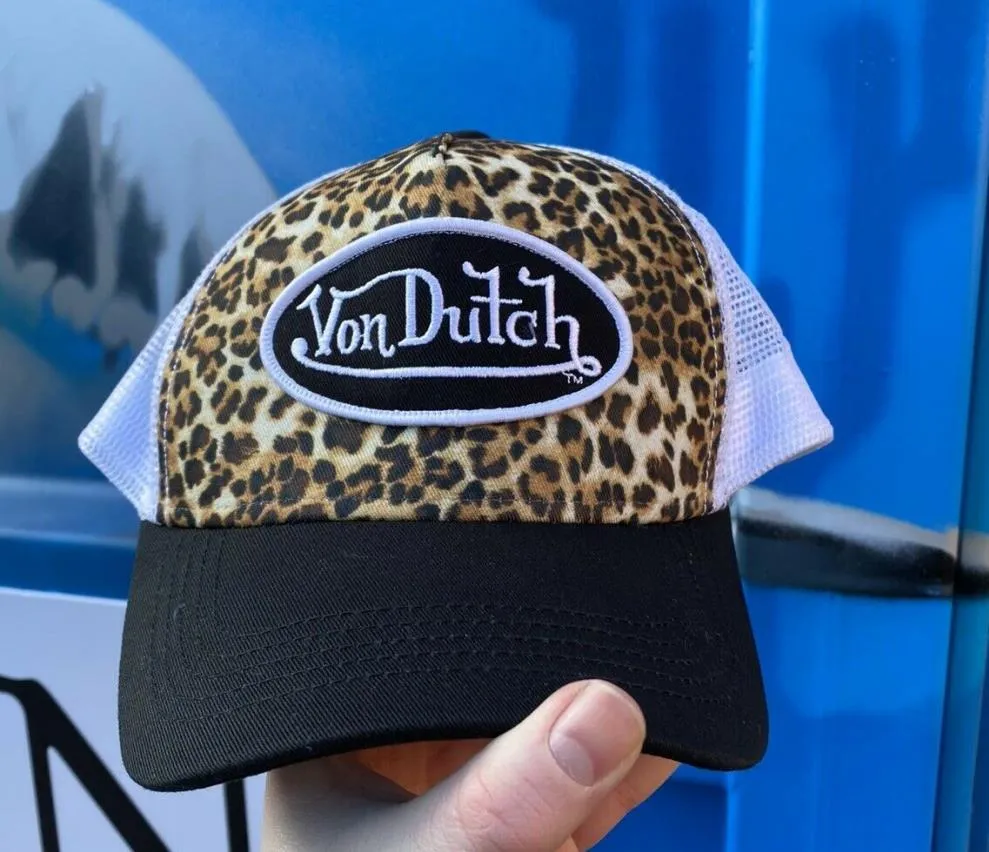 Von Dutch Khaki Camo Leopard Print Embroidery Mesh Trucker Hat