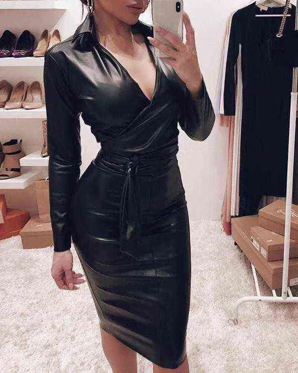 2022 New PU Leather V-neck Slim Sexy Dress Sexy Dresses Woman Clothes Y220420