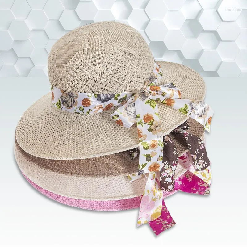 Breite Krempeln Hüte Sommer Frauen Stroh Sonnenhut mit Blumenabdruckband Bowknot Mode Girls Foldable Strandschutz Hutswide Chur22