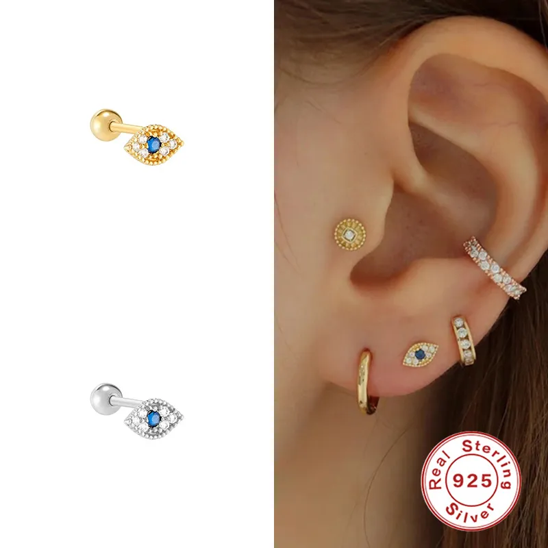 1Pc Evil Eyes Ear Stud Piercing Body Jewelry 925 Sterling Silver Cartilage Helix Tragus Screw Back Stud Earring