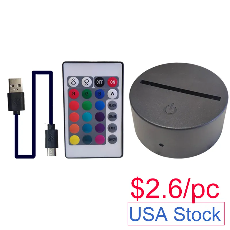 3d Night LED Light Lamp Base Remote Control USB CABLE Justerbar 16 Färger Dekorativa lampor för födelsedagspresent Valentine vardagsrumsfält