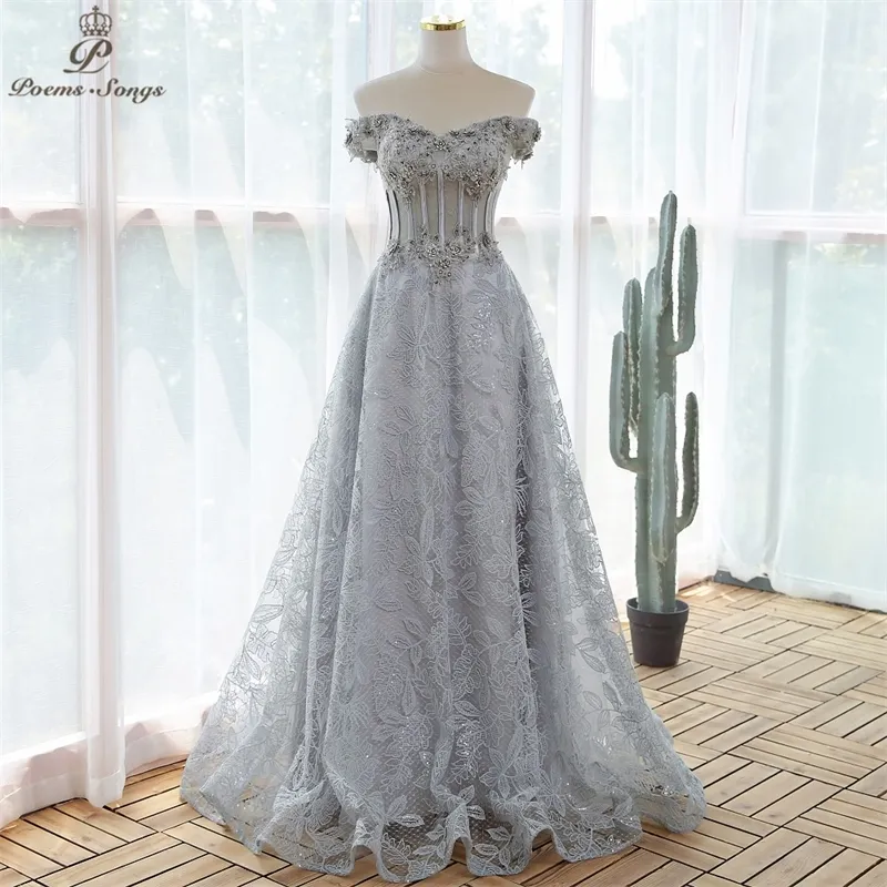 Elegante pailletten kant grijze bloemen avondjurk prom jurken avondjurken vestidos de fiesta robe soire mariage W220421