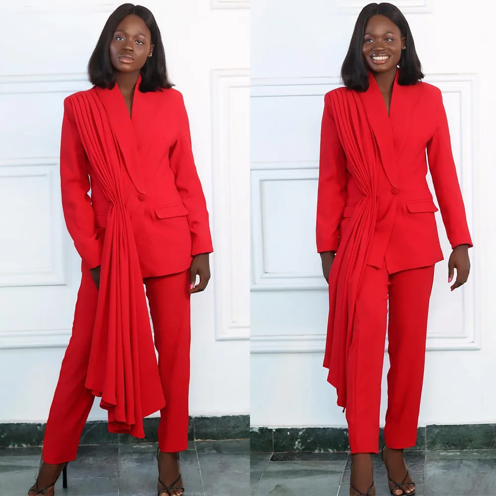 Tasarımcı Kırmızı Kadınlar Sokak Stil Güç Anne Gelin Takım Elbise Akşam Parti Örgün Kıyafet Düğün 2 Parça Giyim