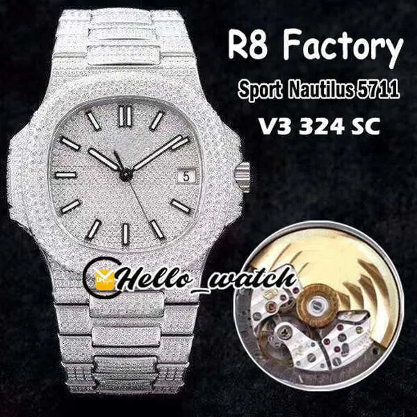Designer Watches R8F V3 Upgrade 5711 S Automatic Mens Watch Gypsophila Diamond Dial Steel Diamond Bracelet Sport discount