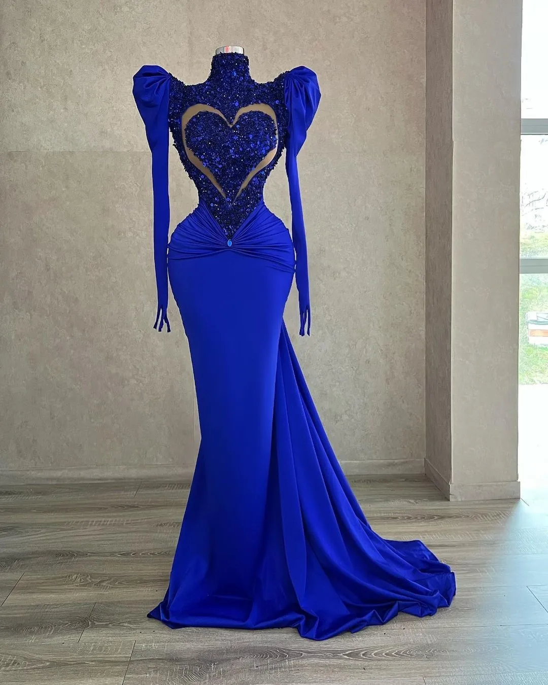 Royal Blue Long Sleeve Mermaid Prom Dress with Sequined Satin and High Neck  Floor-Length Gown