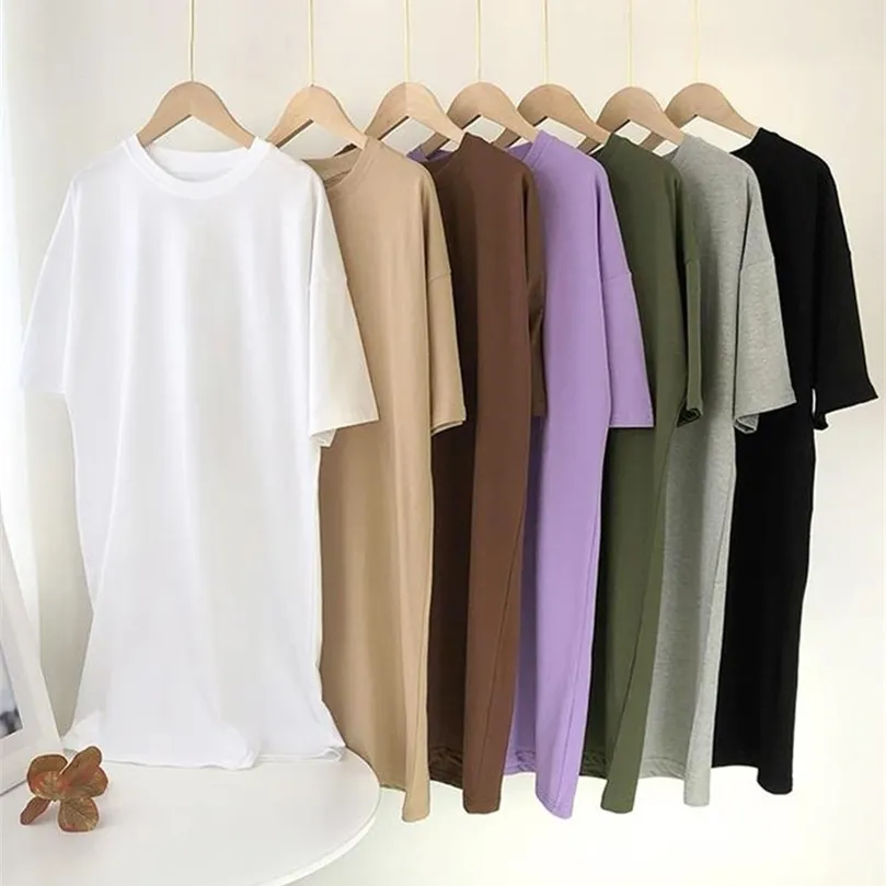 Aachoae Women Casual Loose Solid 100% Cotton T Shirt Dress O Neck Mini Dress Batwing Short Sleeve Basic Dresses Vestidos 220509