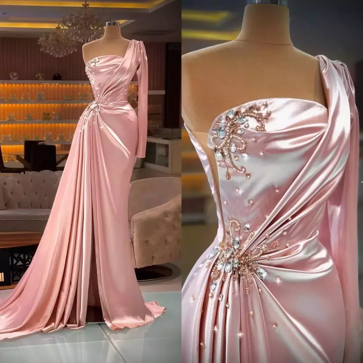 Beading Ruched Satin Pink One Shoulder Prom Dress With Slit