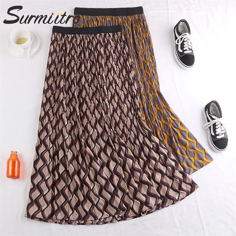 Surmiitro Maxi Pleated Skirt Women For Spring Summer Korean Ladies Korean Blue Yellow Print High Waist Long Skirt Female 210311