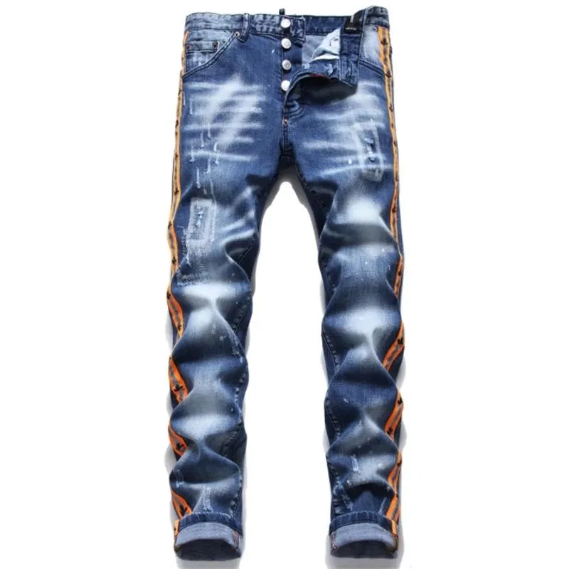 Män jeans europeiska Italien stil män mode märke smala byxor män denim byxor blixtlås blyerts för menmen