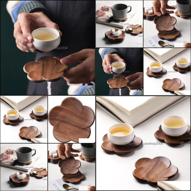 NEWHome Black walnut coasters Office coffee insulating solid wood creative petal cushion cup wood insulating coasters RRD8934