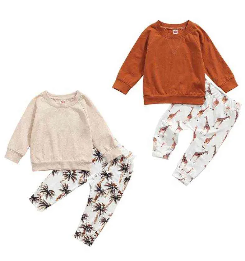 Citgeett herfst Casual Baby Girls Boys Clothing Sets Solid Long Sheeves Sweatshirt Tops Gedrukte broek Spring Set J220711