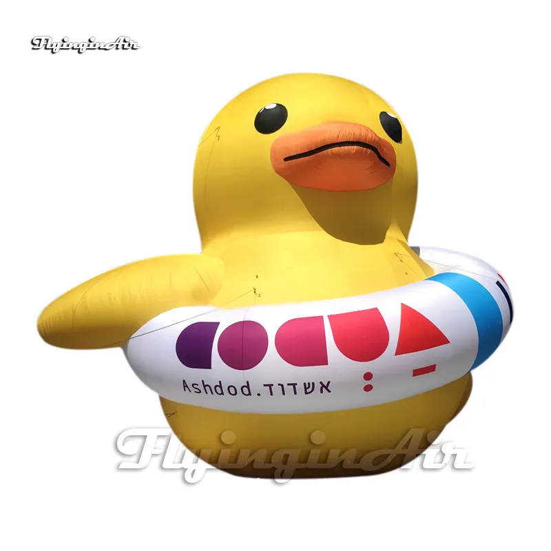 Outdoor Advertising Yellow Inflatable Duck Balloon 6m Cartoon Animal Model Air Blow Up Duck With Swim Ring For Park Decoration