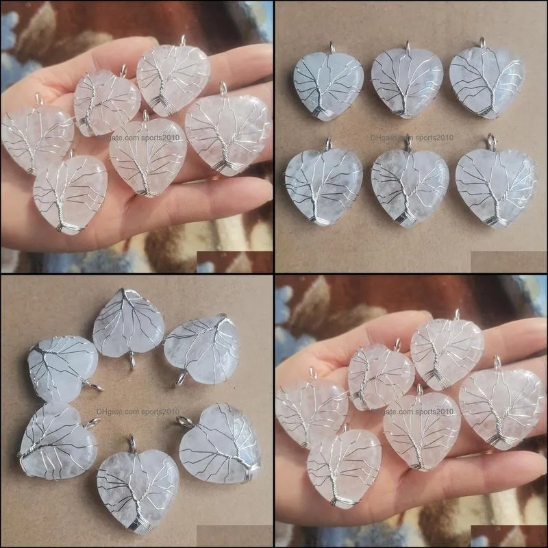 natural white crystal love heart charms handmade tree of life shape stone quartz pendants for jewelry accessories making wholesale