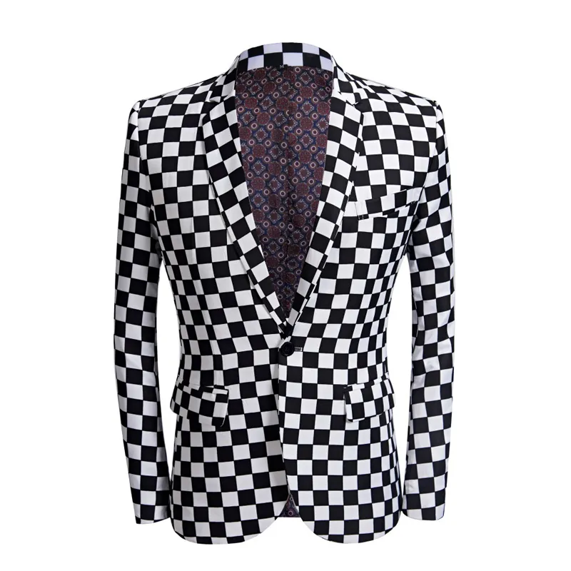 Men Suit Black White Plaid Print 2 Pieces Wedding Groom Fashion Checkerboard Jacket Stage Singer Host Dancer Slim Fit Costume Party Prom Blazer