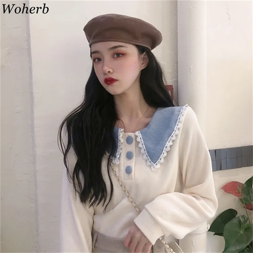 Woherb Cute Cardigans for Women Lace Peter Pan Collar Casual Knit Jackets Button Up Knit Cardigans Outwear Sweaters 201225