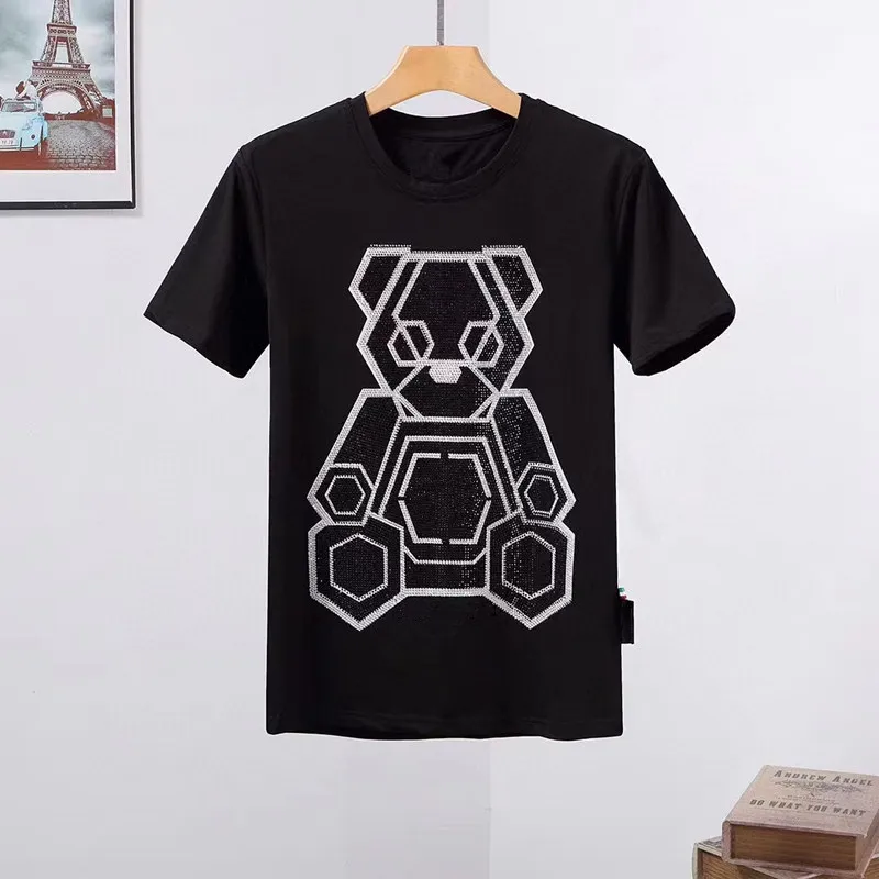 Novo Designer de Mens Tshirts Forma de Verão Camisas com diamante Beads Algodão de Manga Curta Tee Tops Imprimir Urso Luxo O Pescoço Streetwear Slim Hop Hop Alta Qualidade