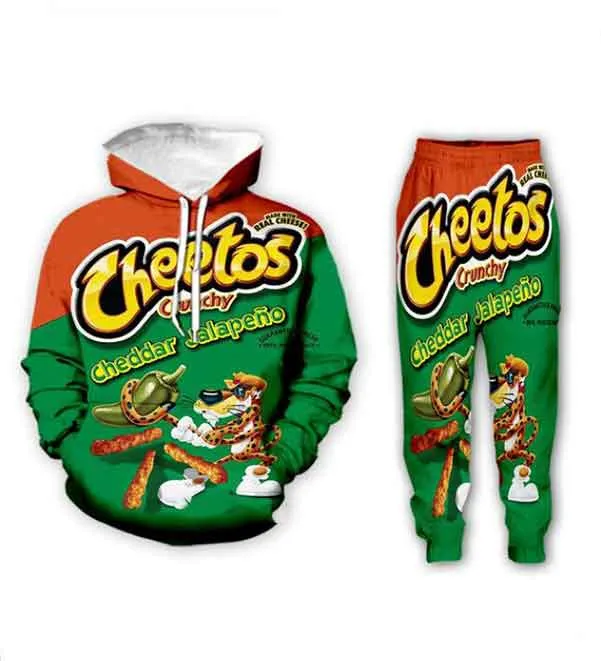 2022 뜨거운 Cheetos 3D 인쇄 남성 후드 티셔츠 세트 바지 남성 운동복 Tracksuit 긴 소매 남성 의류 정장 힙합 바지 + 후드