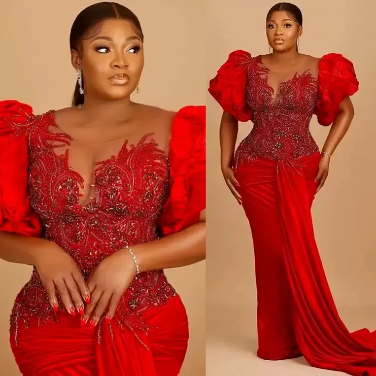 2022 Plus Size Arabisch Aso Ebi Rot Luxuriöse Sexy Ballkleider Spitze Perlen Kristalle Abend Formale Party Zweiter Empfang Geburtstag Verlobungskleider Kleid C0413