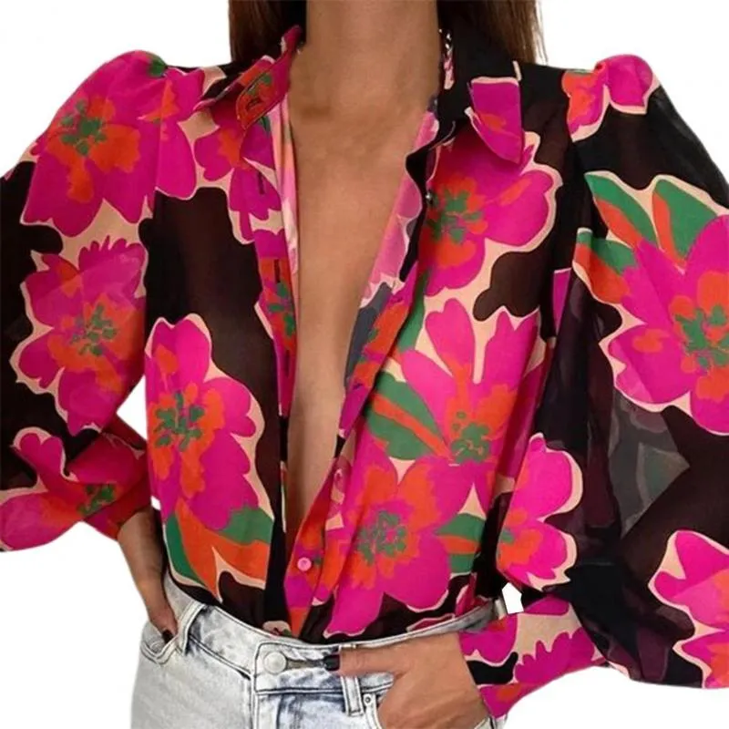 Women's Blouses & Shirts Fashion Women Shirt Turn-Down Collar Wide Cuffs Shoulder Pleating Lantern Sleeve Floral Print Vintage For ClothingW