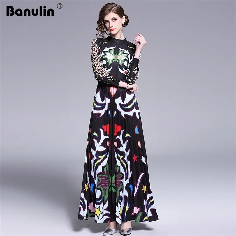 Banulin Runway Long Maxi Dress Women Wysokiej jakości Urocze kwiatowe długie rękawy Patchwork Elegancki vintage Długość podłogi T200320