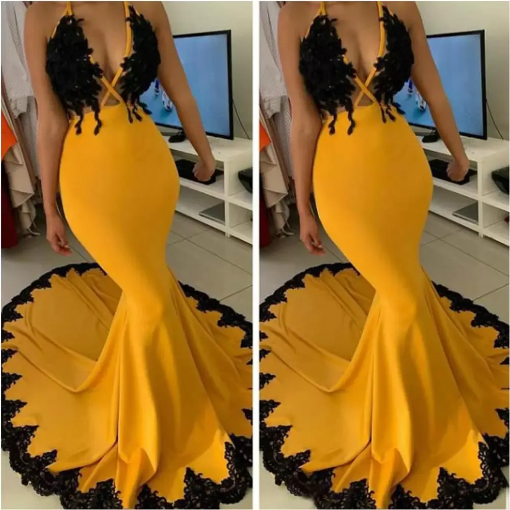 Gul designer prom klänningar sexig illusion halter ärmlös svart spets applikation ruffles golvlängd skräddarsydd kvällsfest klänningar plus storlek vestidos