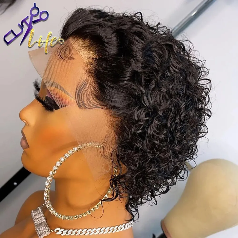 Pixie Cut Short Bob Curly Lace Frontal Human Hair Wig Transparant Deep Wave Lace Front Wigs For Women