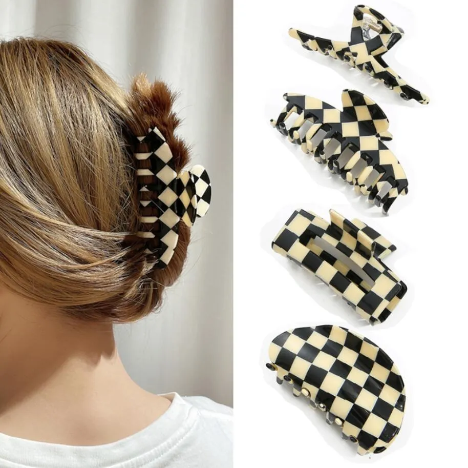 Pinces à cheveux à carreaux noir et blanc, grande Barrette en forme de crabe, pince de bain, queue de cheval pour femmes et filles, accessoires de cheveux, cadeau