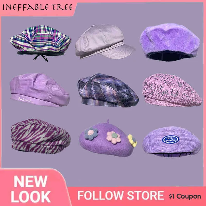 En violet été hiver chapeau Pu cuir fleur français béret casquettes pour femmes solide rétro dames artiste béret chapeaux casquettes J220722